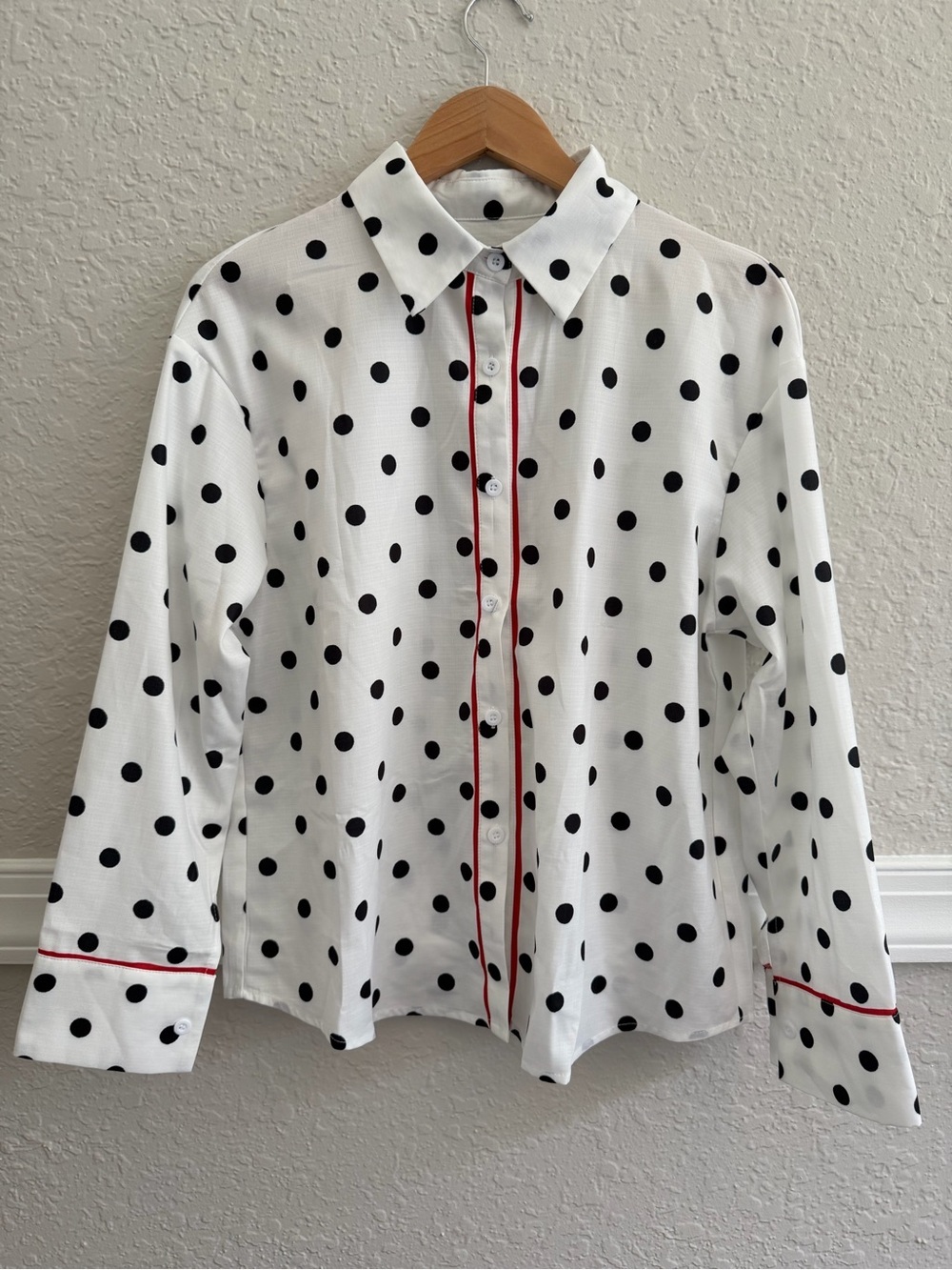 White Polka Dot Button-Down Shirt with Black Dots and Red Trim - Size M